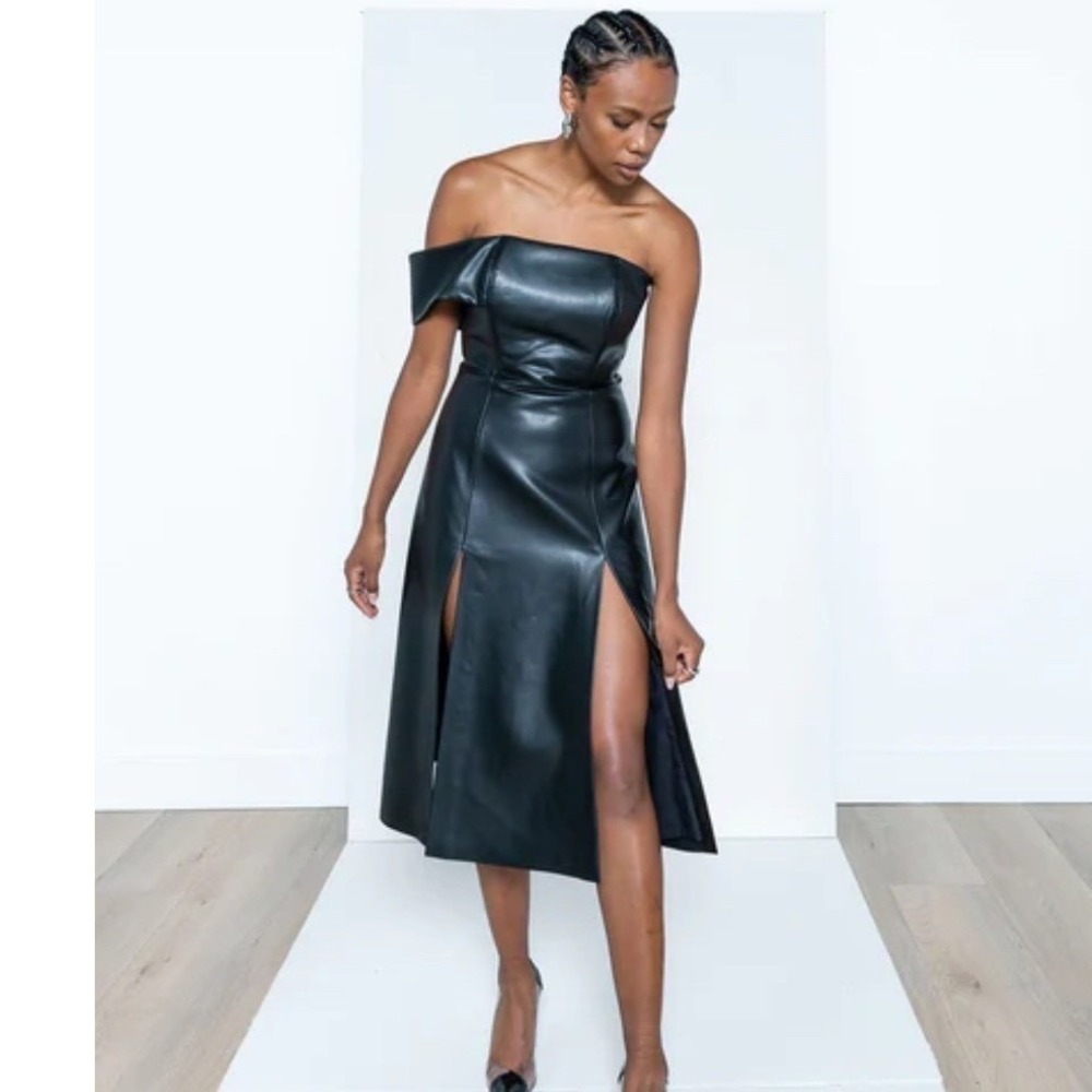 Israella Kobla‎ Simphi Faux Leather Strapless Midi Dress Asymmetrical (D)